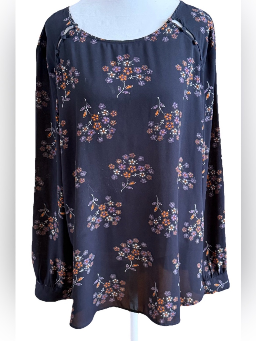 LOFT Black + Orange Floral Semi Semi Sheer Chiffon Long Sleeve Blouse Women’s XL